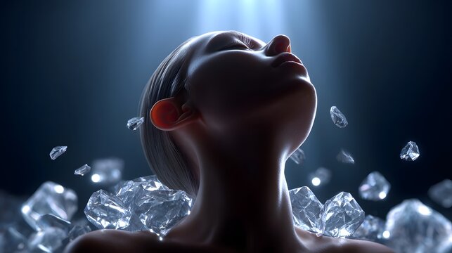 A serene and contemplative portrait of a woman enveloped in a glowing, ethereal light, with shimmering crystals floating all around her.