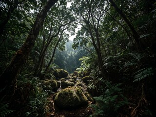 Obraz premium Dense Tropical Forest on Island with Morning Light