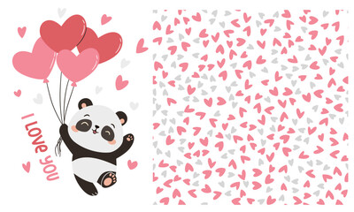 Vector set of prints to print on children's products for Valentine's Day. Cute panda flying on heart-shaped balloons, inscription I love you. Seamless vector pattern with hearts. Vector illustration
