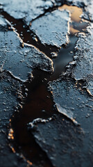 Close-Up of Cracked Black Asphalt with Water Reflections