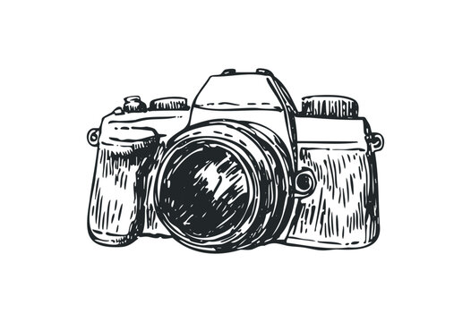 Detailed sketch of vintage camera with large lens and classic design. Vector retro hand drawn illustration