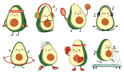 A set of flat vector illustrations in a simple children's style. Cute avocados with muzzles hands and feet are playing sports. Vector illustration
