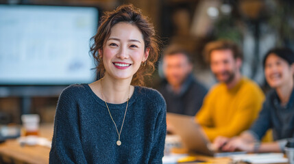 Woman smiling with coworkers in background at the office.