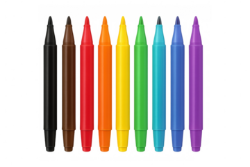 Set of bright colorful markers arranged in rainbow colors, isolated on transparent background, perfect for creative projects