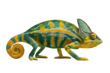 A veiled chameleon frozen mid-color-transition its skin shifting from green to vibrant yellow as it reacts to an unseen stimulus isolated on a  transparent background. 