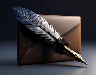 Vintage Quill Pen with Feather and Sealed Envelope on Dark Background