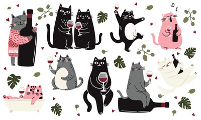 Cute Scandinavian style cats with a glass and a bottle of wine, singing and taking a bath monstera leaves and green plants. Flat vector illustrations on white background . Vector illustration