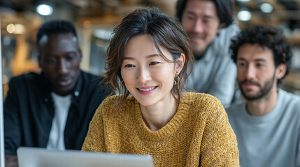 Asian woman smiling at laptop with diverse team behind her.