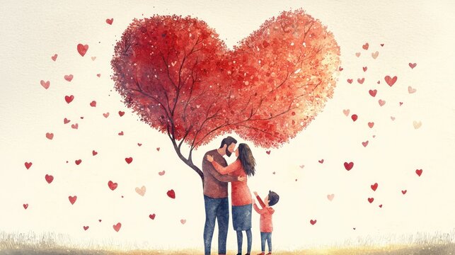 Artistic illustration of a family hugging under a heart-shaped tree, symbolic parenting love