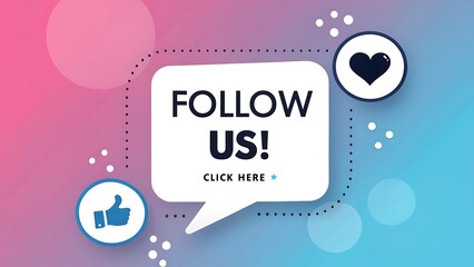 Follow us social media call to action graphic with thumbs up and heart icons