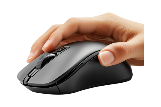 Hand clicking on computer mouse isolated on transparent background