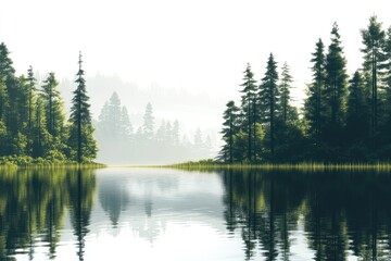 Misty forest lake reflected
