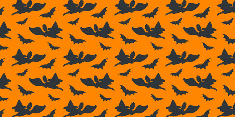 Cartoon wallpaper with a witch cat on a broom isolated.