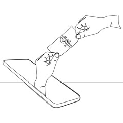 Continuous one single line drawing Hand Reaching Out of Smartphone Passing Dollar Mobile Payment and Digital Transaction icon vector illustration concept