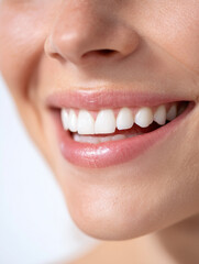 Fototapeta premium Close-up of a smiling woman with perfect white teeth, , clinical lighting, high resolution, sharp focus on teeth, clean white background, dental aesthetics, professional medical photography