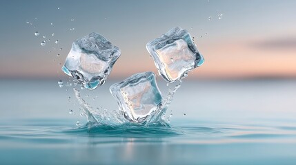 Three ice cubes are floating in a body of water. The water is blue and the sky is pink
