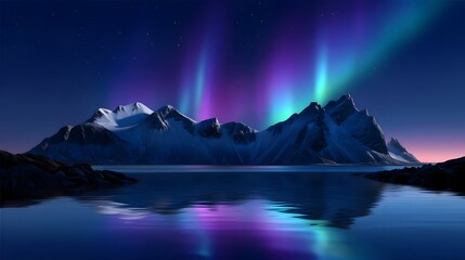 Vibrant, colorful auroras dance across the night sky, casting a magical glow over a breathtaking, snow-covered mountain range that is perfectly mirrored in the serene, still waters of a remote.