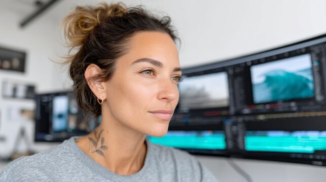 Woman with a tattoo on her arm sits in front of a computer monitor with a green screen