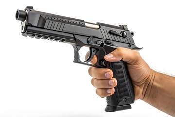 Black semi automatic handgun held in a man s hand against white background
