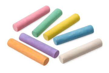 Seven colorful chalk sticks lying on a transparent background, ready for creative drawing and educational purposes