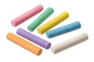 Seven colorful chalk sticks lying on a transparent background, ready for creative drawing and educational purposes