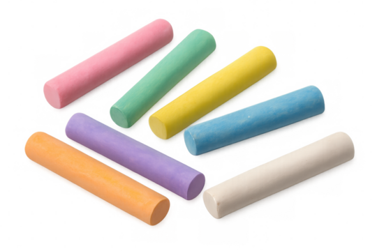 Seven colorful chalk sticks lying on a transparent background, ready for creative drawing and educational purposes
