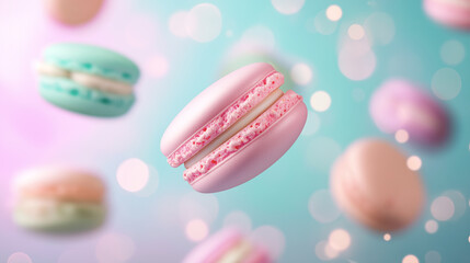 Obraz premium Pink macaron with pastel background. Close-up of a pink French macaron floating in front of a pastel blue and pink background with soft bokeh lights
