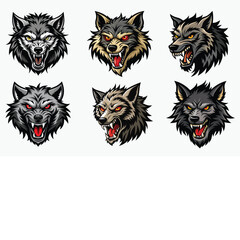 Angry or snarling wolf head with bared teeth and wild fur vector icon set