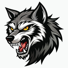 Angry or snarling wolf head with bared teeth and wild fur vector sticker and logo