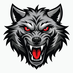 Angry or snarling wolf head with bared teeth and wild fur vector sticker and logo