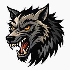 Angry or snarling wolf head with bared teeth and wild fur vector sticker and logo