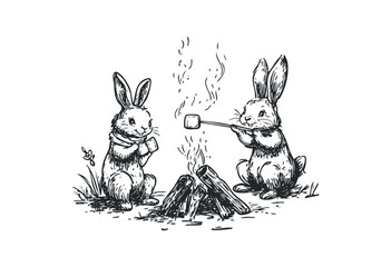 Two rabbits roasting marshmallows over a campfire, one holding a mug. Vector retro hand drawn illustration