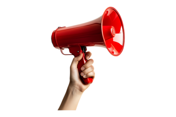 hand holding red megaphone isolated on transparent background
