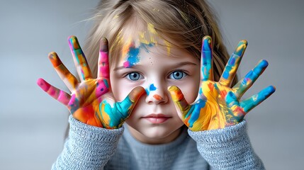 Young girl with colorful paint on her hands and face is posing for a picture. Concept of playfulness and creativity, as the girl is likely engaged in an art activity or has just finished one