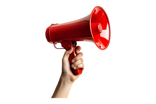 hand holding red megaphone isolated on transparent background
