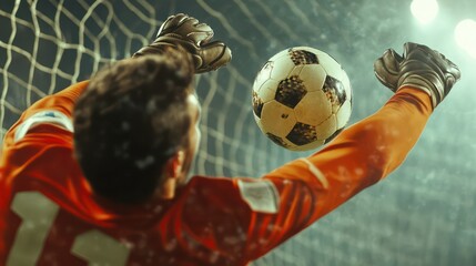 Goalkeeper's Intense Focus as He Attempts to Save a Soccer Ball