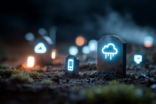 symbolic concept of digital legacy floating cloud storage icons above gravestone, dark background with soft glow