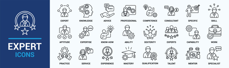 Expert icon set. Containing advice, competence, expertise, knowledge, skill, specialist, experience and more. Solid vector icons collection.