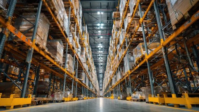 Warehouse Inventory: Rows of packaged goods are neatly organized on towering shelves, showcasing a vibrant scene of logistics and distribution in a modern storage facility.