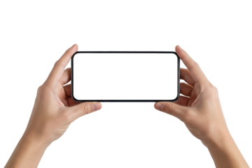 Both hands holding a smartphone horizontally with a blank screen, isolated background