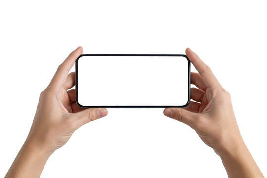 Both hands holding a smartphone horizontally with a blank screen, isolated background - Powered by Adobe