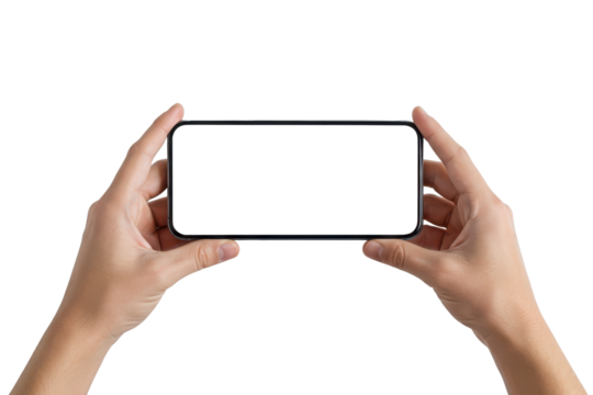 Both hands holding a smartphone horizontally with a blank screen, isolated background