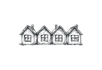 Illustrative row of vintage cottages with gabled roofs in black and white. Vector retro hand drawn illustration