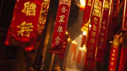 Red banners with golden characters hang in a temple.