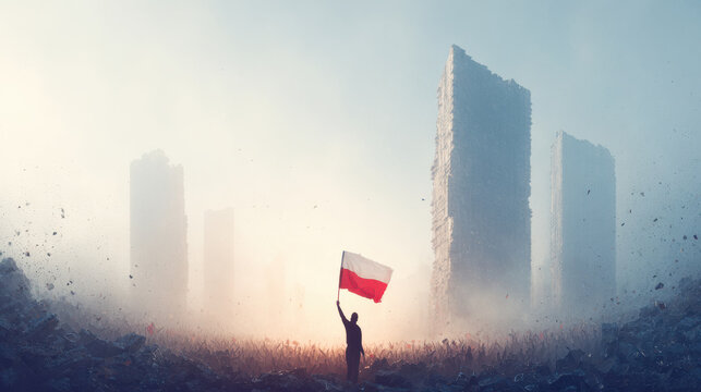 lone anarchist holding flag stands in front of ruined monument surrounded by crowd voting for future