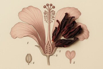 A botanical-style illustration of a flower is fused with real dried hibiscus petals, blending science and art into a hybrid composition. This image bridges education, design and herbal knowledge
