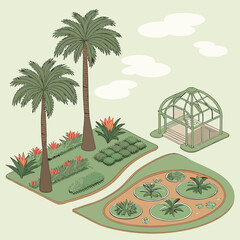 Tropical garden isometric view with palm trees and greenhouse