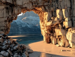 Rocky archway to a serene lake