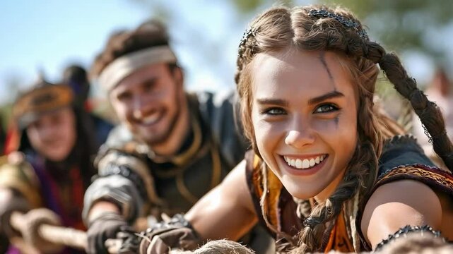 A group of people participating in a competitive tug-of-war, dressed in historical or fantasy-themed costumes.