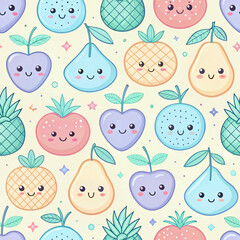 Fototapeta premium Cute Cartoon Fruits Pattern with Happy Faces and Soft Colors for Kids Designs